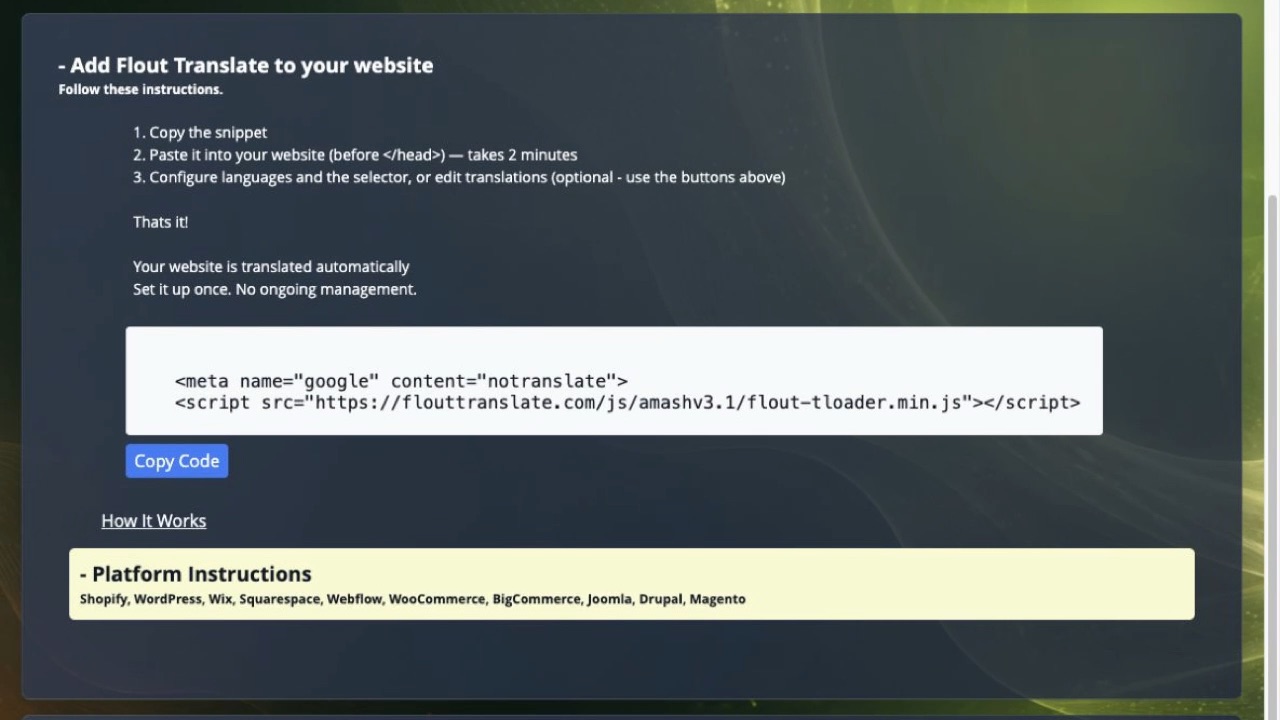 Dashboard: copy the snippet and paste it into a website